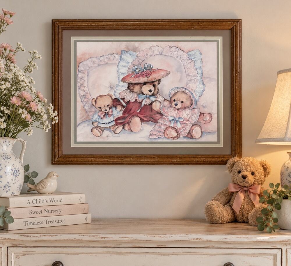 Vintage Sue Furman Teddy Bear Framed Print Victorian Nursery Cottage Wall Art
